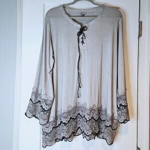 POL Gray Lace Trim Tie Neck Long Sleeve Tunic Top S
